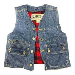 Vintage Y2K Youth Passenger Denim Vest With Plaid Lining Size 4 Holiday